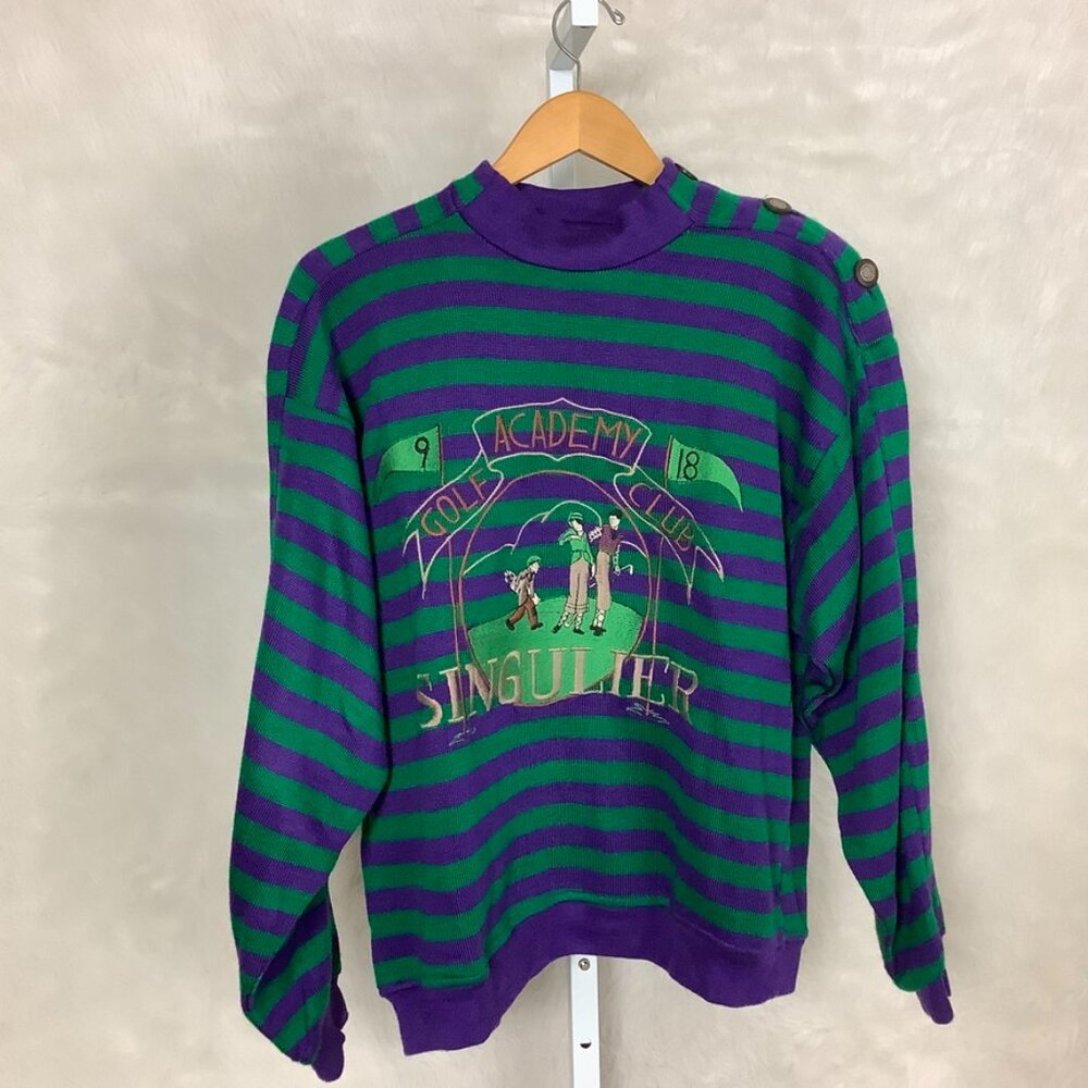 Vintage 70s 80s Singulier Paris Purple & Green Golf Academy Club Sweater M